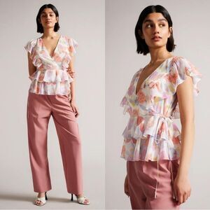 Ted Baker Rowyn Frill Side Tie Deep V-Neck Ruffle Sleeveless Floral Blouse 4
